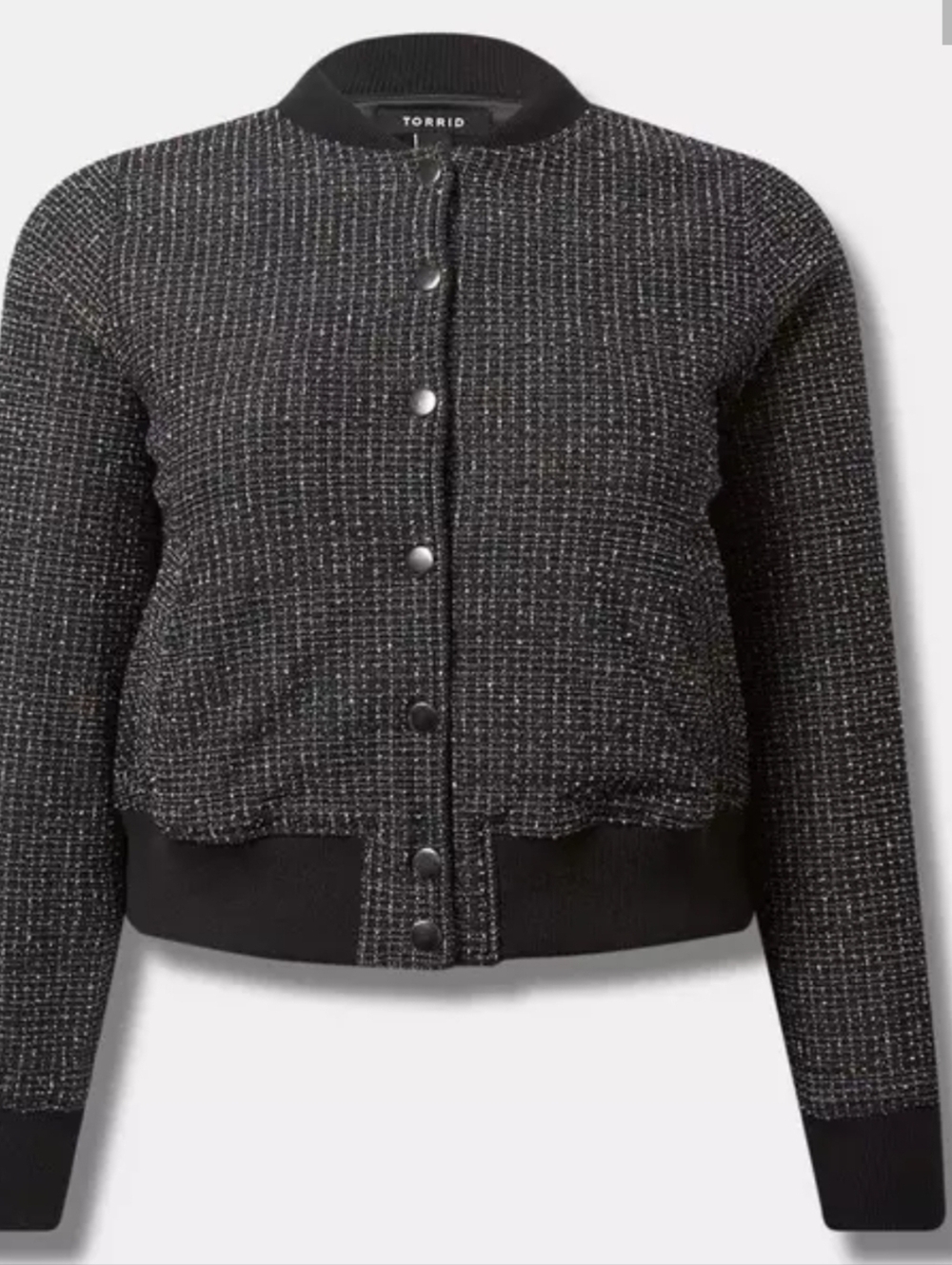 Torrid Black Tweed Snap-Front Bomber Jacket